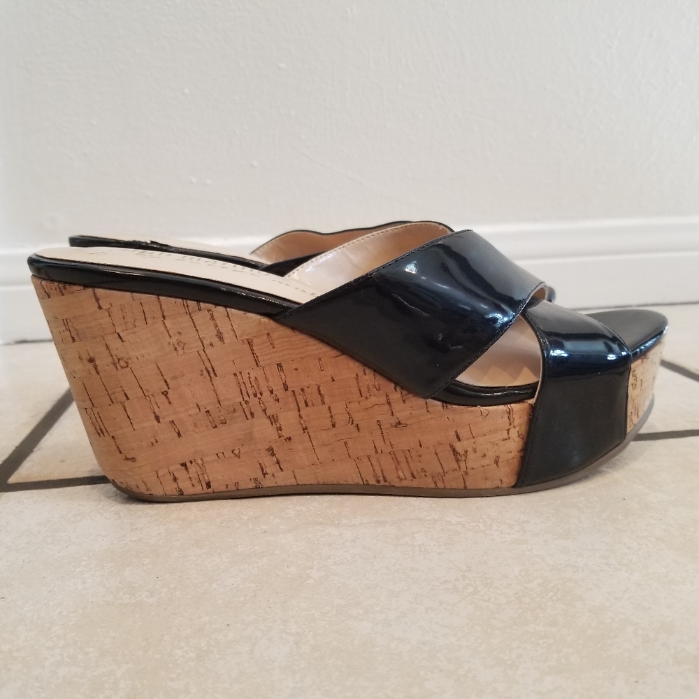 Ann Marino Black Patent Cross Strap Wedge High Heels Slip-On Shoes Size 7.5M